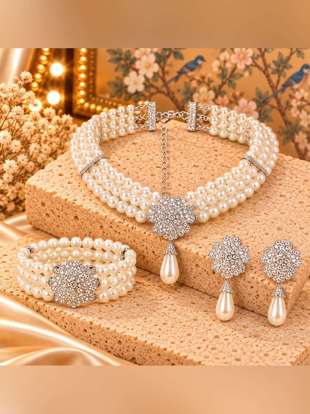Multi Strand Pearl Floral Statement Jewelry Set